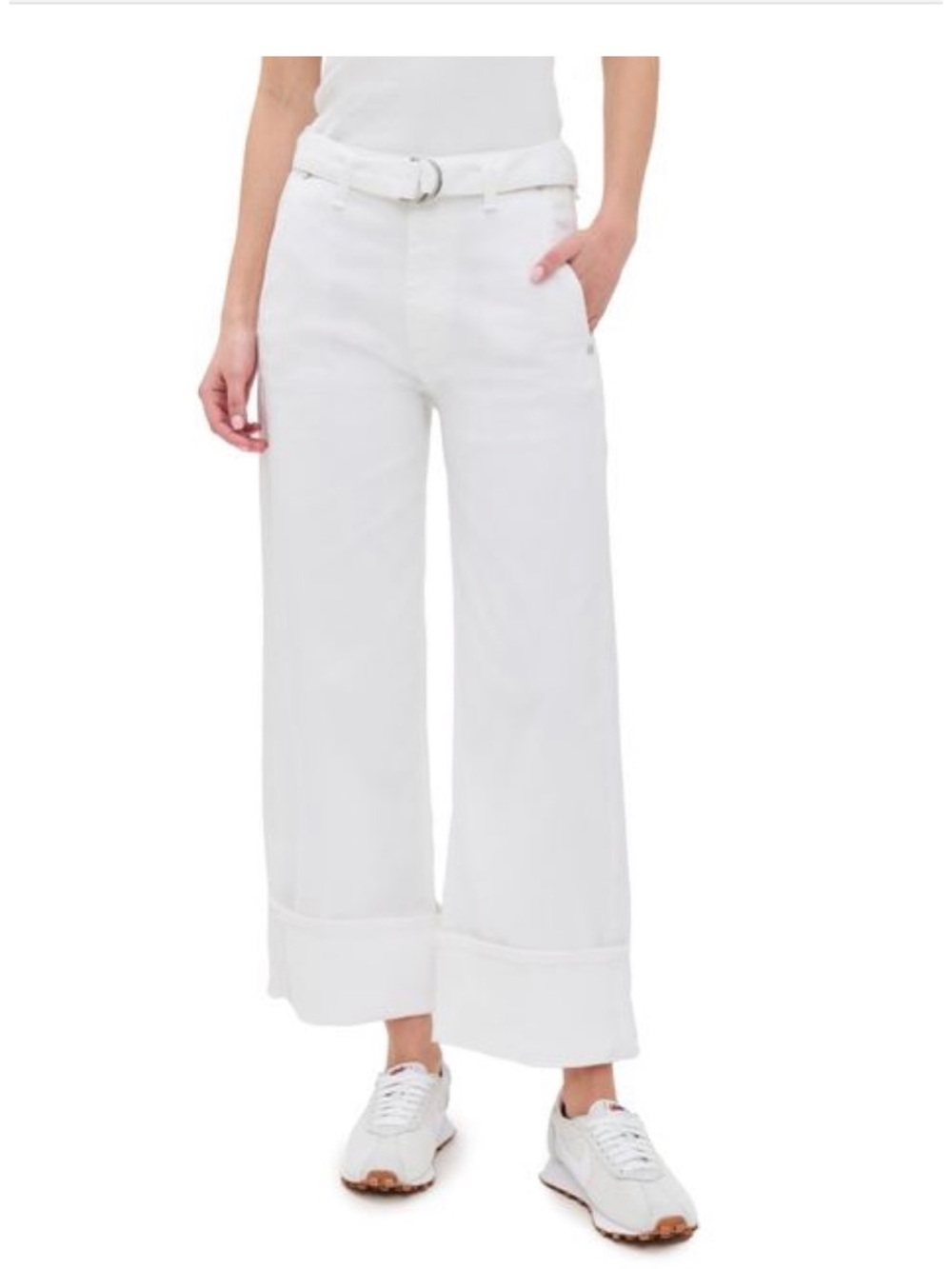 rag & bone White Wide-Leg High-Rise Jeans with Belted Waist